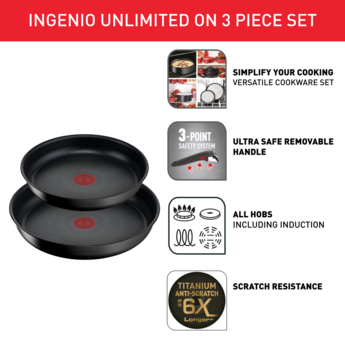 Tefal Ingenio Unlimited On 3 Piece Set, Frying Pan Set, Stackable,  Induction, Easy Cleaning, Non-Stick Coating, Heat Indicator, Black, L39591